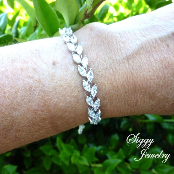 Delicate CZ Leaf Bridal Bolo Adjustable Bracelet - Picture 7 of 8